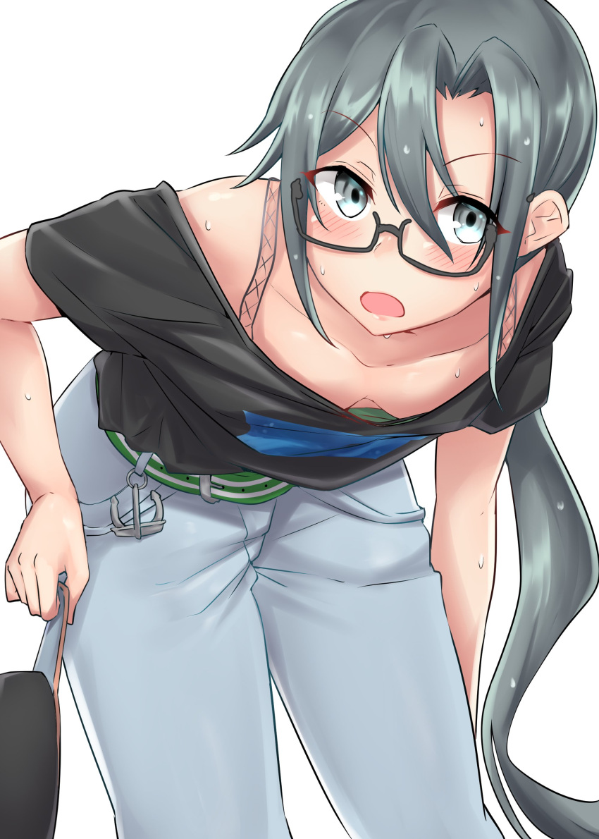 1girl absurdres amagiri_(kantai_collection) anchor bangs belt black_shirt blush breasts casual denim eyebrows_visible_through_hair eyes_visible_through_hair glasses grey_hair hair_between_eyes hat hat_removed headwear_removed highres holding holding_hat jeans kantai_collection kiritto long_hair open_mouth pants ponytail shirt simple_background solo sweat t-shirt wet white_background