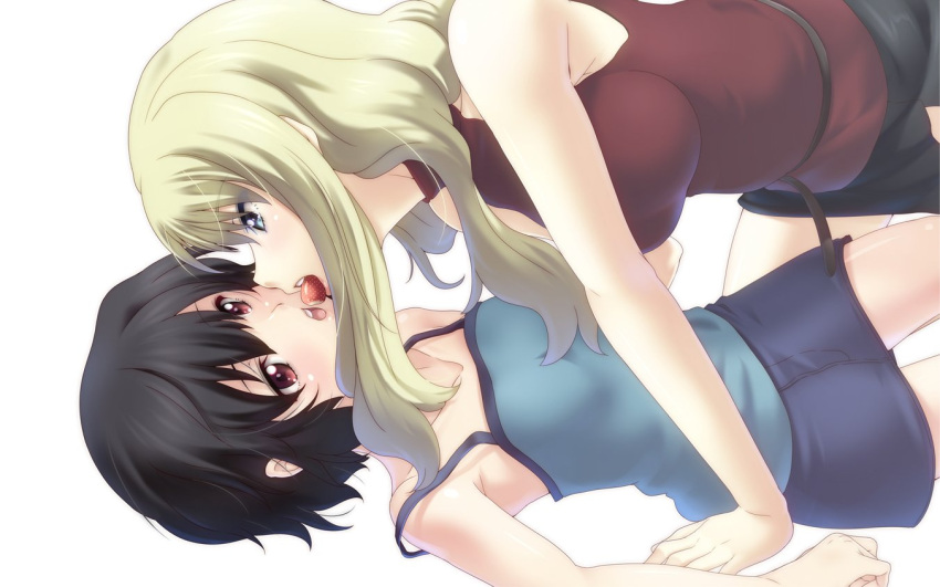 2girls 846-gou arm_support belt black_hair blonde_hair blue_eyes brown_eyes eyebrows_visible_through_hair food fruit halter_top halterneck long_hair lying mireille_bouquet mouth_hold multiple_girls noir on_back open_mouth short_hair simple_background strap_slip strawberry white_background yuri yuumura_kirika