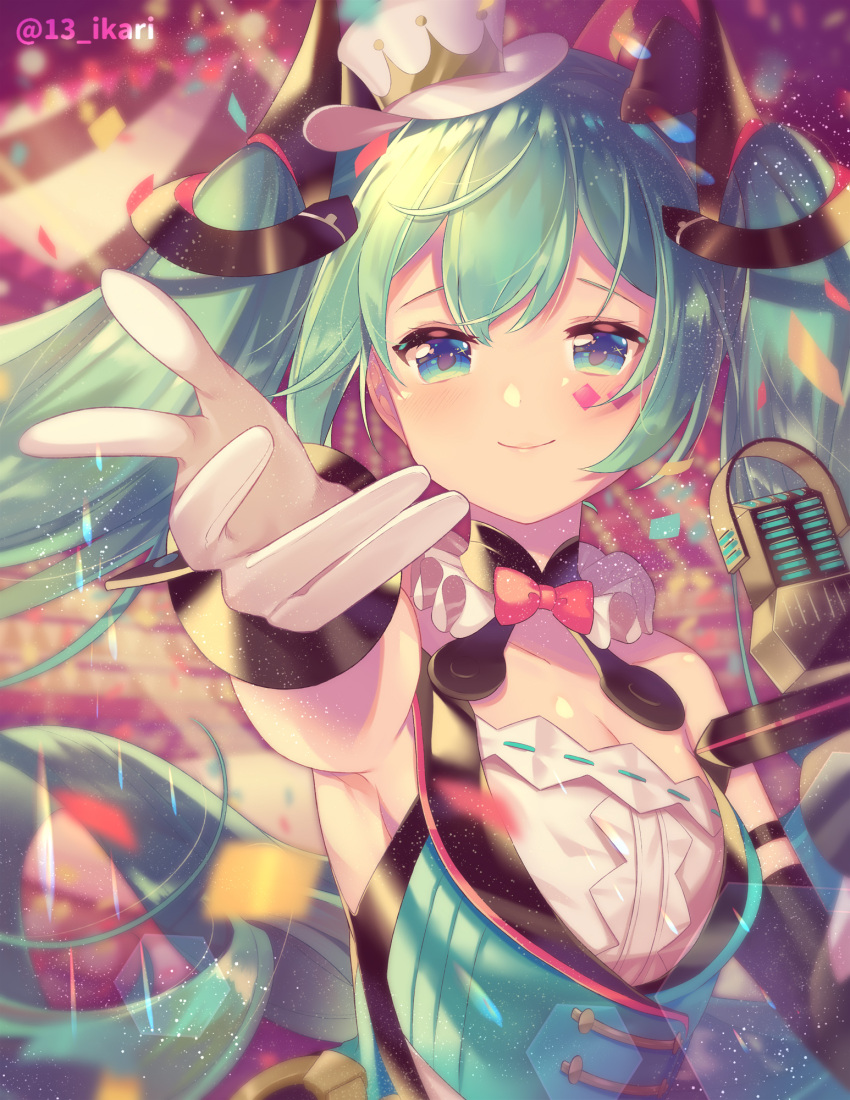 1girl aqua_eyes aqua_hair armpits bare_shoulders blurry blurry_background bow bowtie breasts collar commentary confetti depth_of_field diamond_(shape) dress facial_tattoo frilled_collar frills gloves hair_ornament hat hatsune_miku highres ikari_(aor3507) long_hair looking_at_viewer magical_mirai_(vocaloid) microphone mini_hat mini_top_hat outstretched_hand reaching_out small_breasts smile solo strapless strapless_dress tattoo top_hat twintails twitter_username upper_body very_long_hair vocaloid white_gloves white_headwear