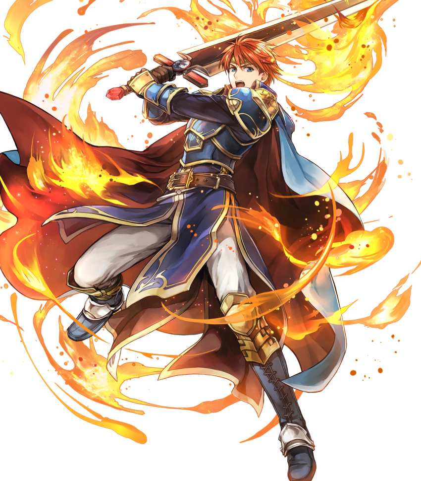 1boy arm_guards armor armored_boots bangs belt black_gloves blue_eyes boots cape eliwood_(fire_emblem) fire fire_emblem fire_emblem:_the_blazing_blade fire_emblem_heroes full_body gloves highres holding holding_sword holding_weapon jewelry long_sleeves looking_at_viewer male_focus official_art open_mouth pants redhead shiny shiny_hair short_hair shoulder_armor solo sword tiara transparent_background wada_sachiko weapon white_pants