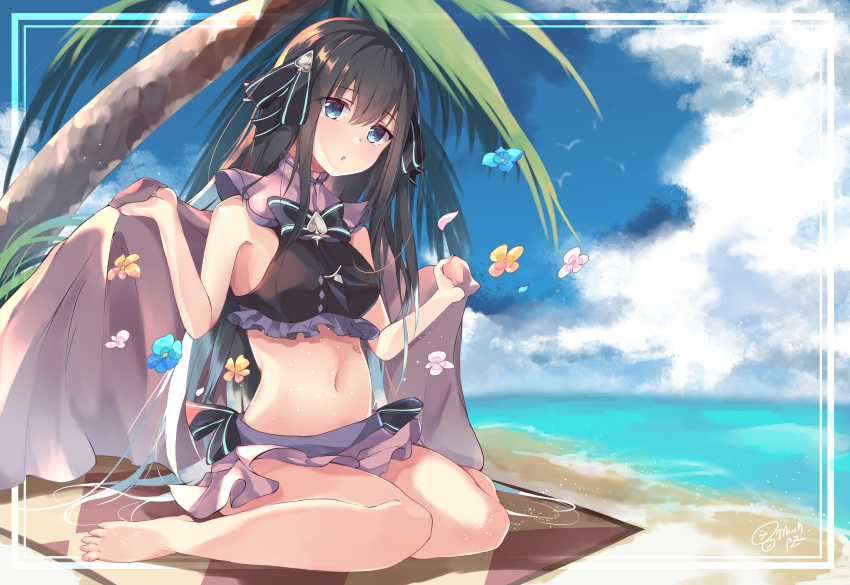 1girl absurdres arcaea bare_arms bare_legs bare_shoulders barefoot beach beach_mat black_hair black_neckwear black_ribbon blue_eyes blue_flower blue_hair blue_sky bow bowtie breasts clouds commentary_request crop_top day flower hair_ribbon head_tilt highres holding horizon huge_filesize k-doku long_hair looking_at_viewer medium_breasts midriff miniskirt multicolored_hair navel ocean orange_flower outdoors palm_tree parted_lips pink_flower ribbon signature sitting skirt sky sleeveless solo stomach tairitsu_(arcaea) thighs towel tree two-tone_hair very_long_hair wariza water