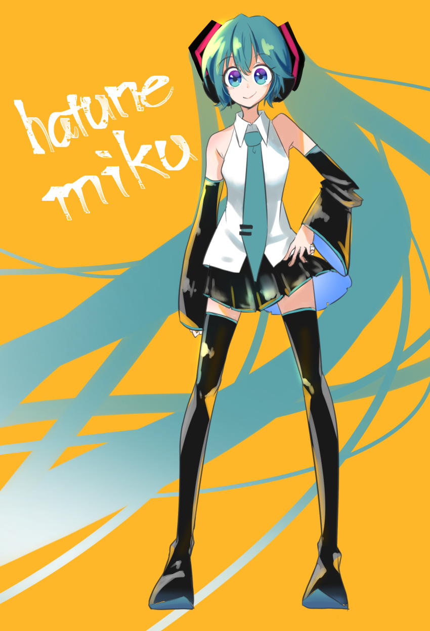 1girl absurdres arm_at_side black_legwear black_skirt blue_eyes blue_hair blue_neckwear character_name detached_sleeves eyebrows_visible_through_hair eyelashes full_body hand_on_hip happy hatsune_miku highres kinosuke_(pattaba) long_hair looking_at_viewer multicolored multicolored_eyes necktie orange_background pleated_skirt shirt simple_background skirt sleeveless sleeveless_shirt smile solo standing thigh-highs twintails very_long_hair violet_eyes vocaloid white_shirt zettai_ryouiki