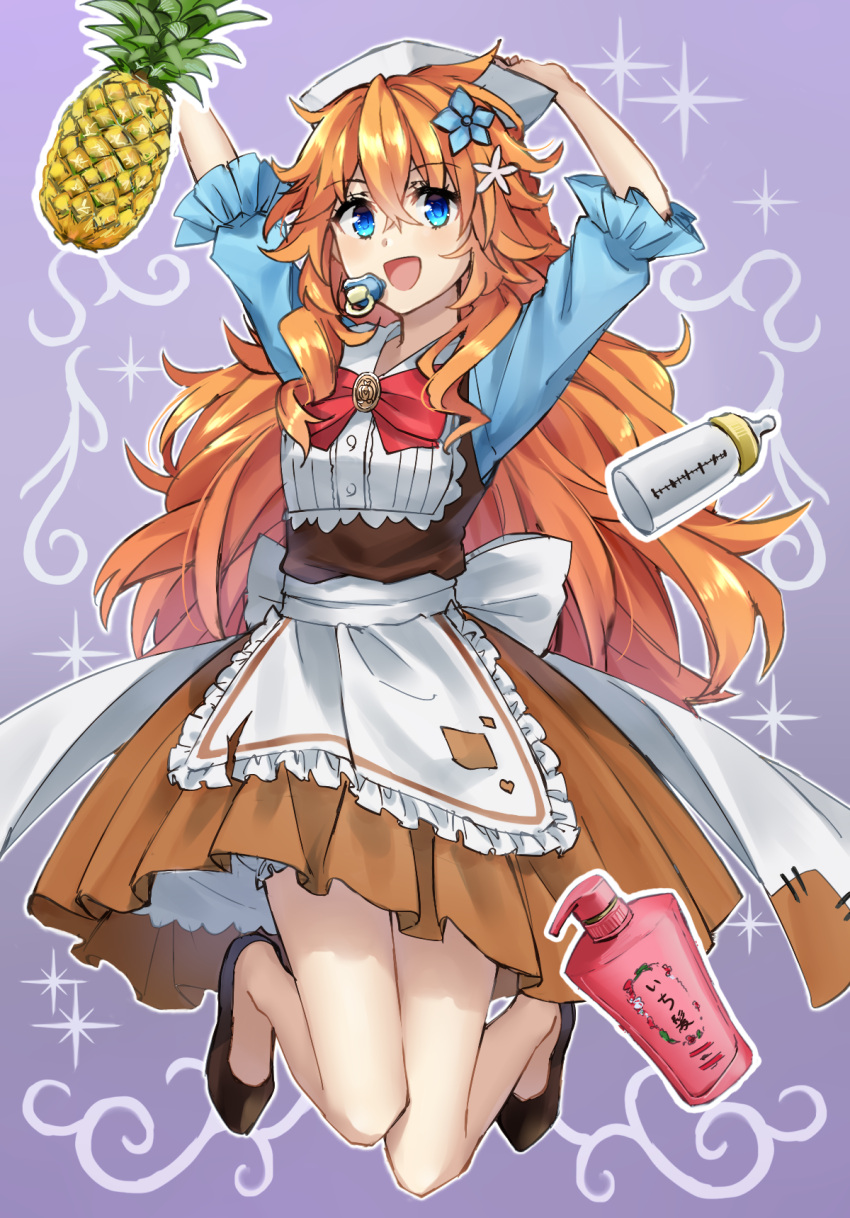 1girl :d apron arms_up baby_bottle bangs blue_eyes blue_flower blush bottle bow brown_footwear brown_hair brown_skirt collared_shirt eyebrows_visible_through_hair flower food frilled_apron frills fruit full_body hair_between_eyes hair_flower hair_ornament highres long_hair nijisanji open_mouth otogibara_era outline pacifier pineapple pleated_skirt purple_background red_bow shirt shoes short_sleeves skirt smile solo somechime_(sometime1209) sparkle very_long_hair virtual_youtuber waist_apron white_apron white_flower white_headwear white_outline white_shirt