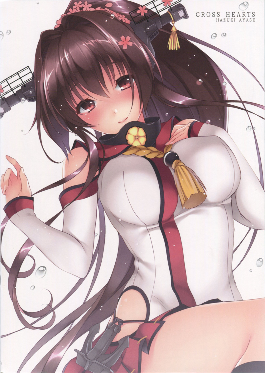 1girl absurdres anchor ayase_hazuki bare_shoulders black_legwear blush breasts brown_hair cherry_blossoms detached_sleeves flower hair_flower hair_ornament headgear highres hip_vent kantai_collection large_breasts long_hair looking_at_viewer miniskirt pleated_skirt ponytail red_eyes red_skirt scan single_sock single_thighhigh skirt smile socks solo thigh-highs very_long_hair yamato_(kantai_collection)