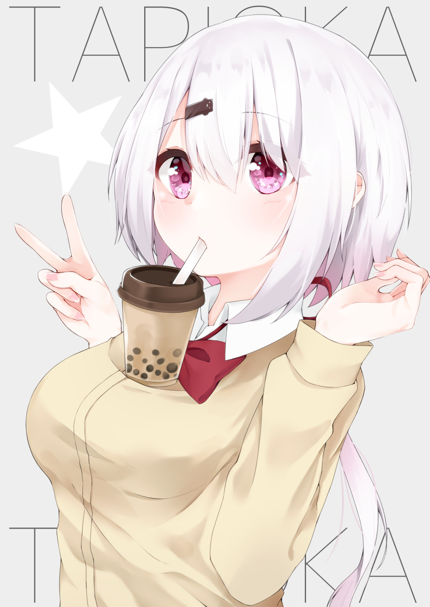 1girl absurdres bangs blush bow breasts brown_cardigan bubble_tea bubble_tea_challenge cardigan closed_mouth collared_shirt commentary_request cup disposable_cup drinking drinking_straw eyebrows_visible_through_hair fingernails grey_background hair_between_eyes hands_up highres hijouguti looking_at_viewer medium_breasts nail_polish nijisanji object_on_breast pink_nails red_bow shiina_yuika shirt silver_hair simple_background solo star upper_body v violet_eyes virtual_youtuber white_shirt