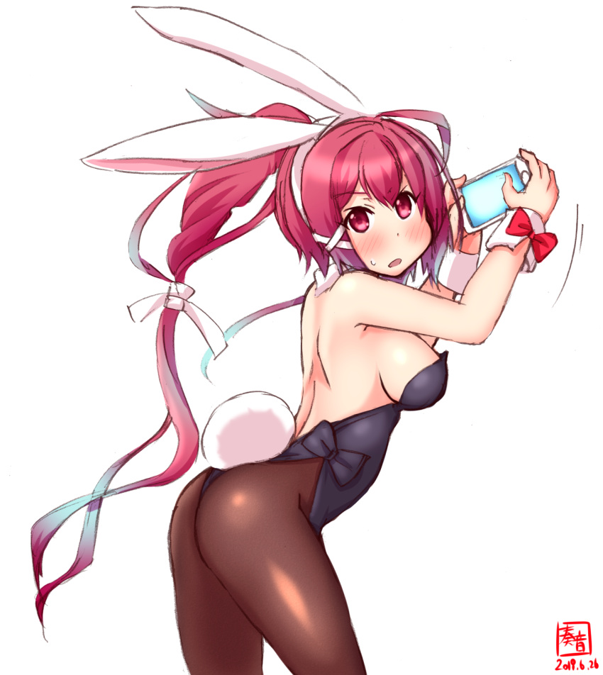 1girl alternate_costume animal_ears ass black_legwear blush breasts bunny_girl bunny_tail bunnysuit cellphone commentary_request eyebrows_visible_through_hair hair_between_eyes hair_ribbon highres i-168_(kantai_collection) kanon_(kurogane_knights) kantai_collection large_breasts long_hair open_mouth pantyhose phone ponytail rabbit_ears red_eyes redhead revision ribbon smartphone solo tail