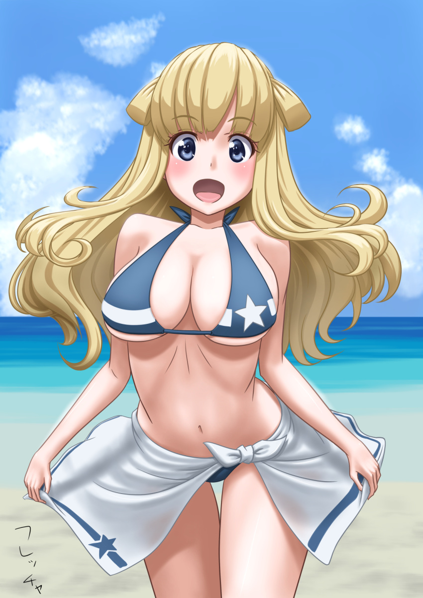 1girl alternate_color beach bikini blonde_hair blue_bikini blue_eyes blue_sky breasts clouds commentary_request cowboy_shot day double_bun fletcher_(kantai_collection) highres horizon kantai_collection large_breasts long_hair looking_at_viewer ocean open_mouth outdoors sarong sarong_lift sky smile solo star star_print swimsuit t2r white_sarong