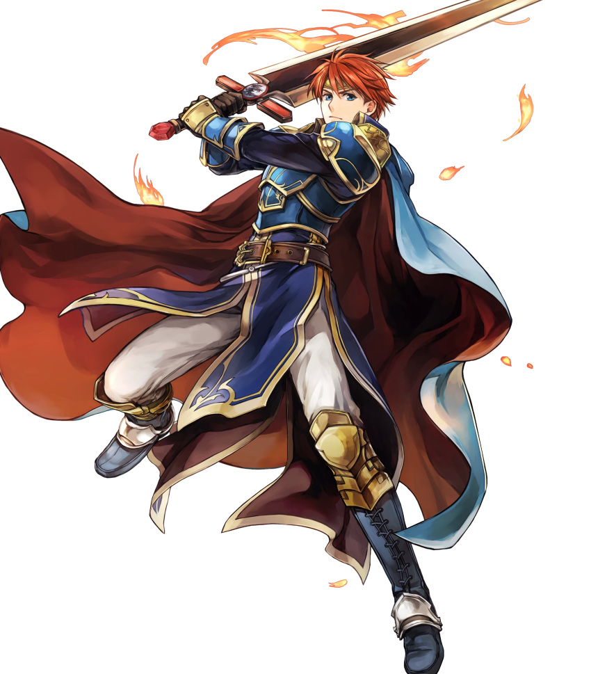 1boy arm_guards armor armored_boots bangs belt black_gloves blue_eyes boots cape closed_mouth eliwood_(fire_emblem) fire_emblem fire_emblem:_the_blazing_blade fire_emblem_heroes full_body gloves highres holding holding_sword holding_weapon jewelry long_sleeves looking_at_viewer male_focus official_art pants redhead shiny shiny_hair short_hair shoulder_armor solo sword tiara transparent_background wada_sachiko weapon white_pants