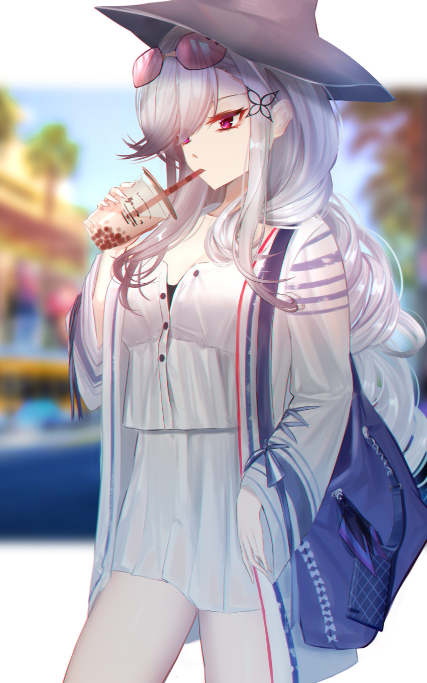 1girl azur_lane bag bangs blouse bubble_tea buttons chinese_commentary commentary_request cup day dress drinking drinking_straw drinking_straw_in_mouth dunkerque_(azur_lane) eternity_(pixiv8012826) eyewear_on_head glasses hair_ornament hair_over_one_eye hat highres long_sleeves outdoors sidelocks sunglasses violet_eyes white_dress white_hair