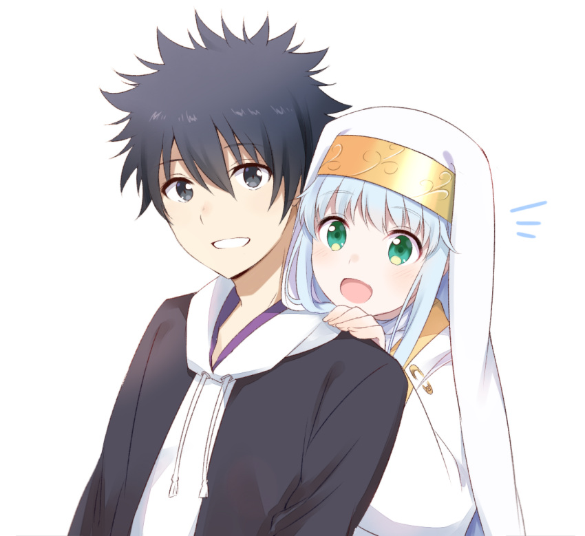 1boy 1girl :d black_eyes black_hair black_jacket dress green_eyes hand_on_another's_shoulder hood hood_down hooded_sweater index jacket kamijou_touma long_hair nemu_mohu open_clothes open_jacket open_mouth safety_pin silver_hair simple_background smile spiky_hair sweater to_aru_majutsu_no_index upper_body white_background white_dress white_hoodie white_sweater