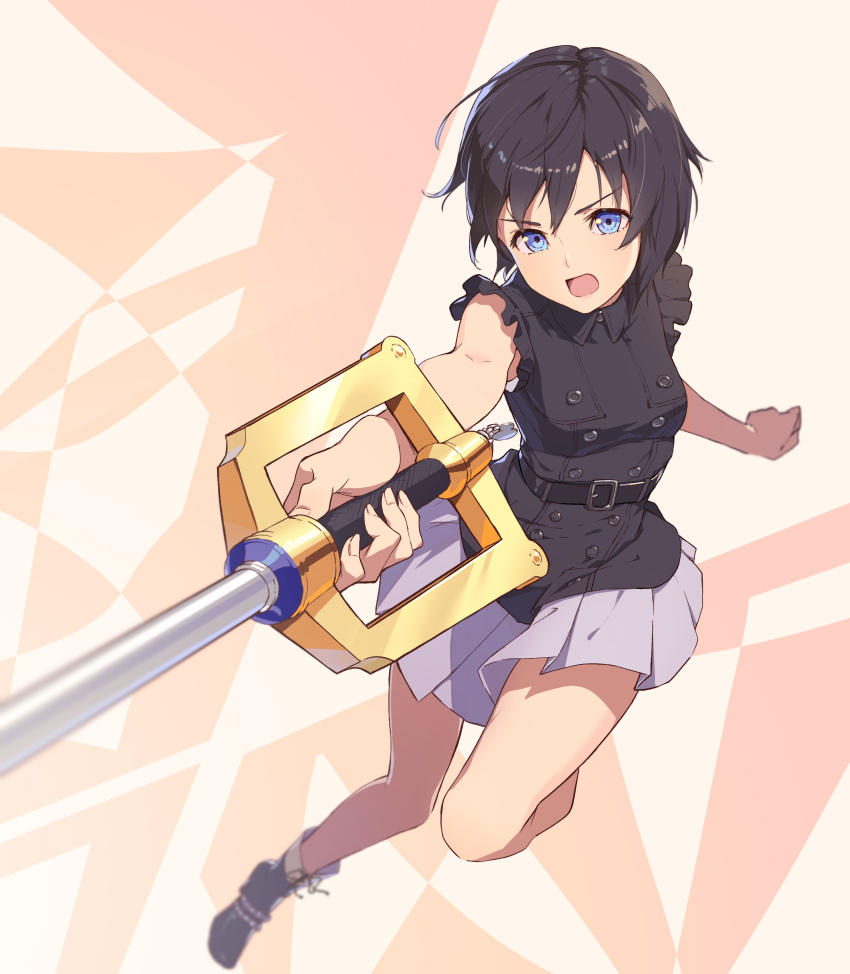 1girl absurdres bangs belt belt_buckle black_belt black_footwear black_hair blue_eyes boots breasts buckle buttons eyebrows_visible_through_hair fingernails gogo_(detteiu_de) grey_skirt highres holding holding_weapon keyblade kingdom_hearts kingdom_hearts_iii leg_up looking_at_viewer miniskirt open_mouth pleated_skirt short_hair skirt sleeveless small_breasts solo v-shaped_eyebrows weapon xion_(kingdom_hearts)