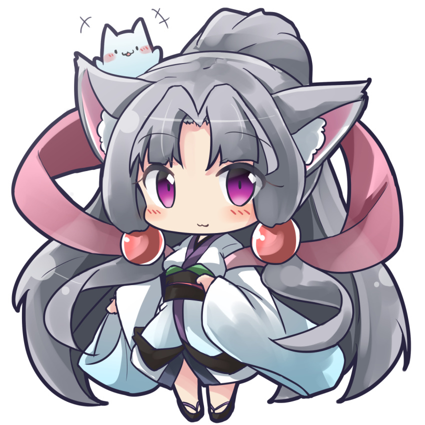 +++ 1girl :3 animal animal_ear_fluff animal_ears bangs black_footwear blush cat chibi closed_mouth commentary_request eyebrows_visible_through_hair fox_ears full_body grey_hair hagoromo hair_ornament high_ponytail highres japanese_clothes kimono long_hair long_sleeves looking_at_viewer obi parted_bangs ponytail ryogo sash shawl sidelocks simple_background solo touhoku_itako very_long_hair violet_eyes voiceroid white_background white_kimono wide_sleeves zouri