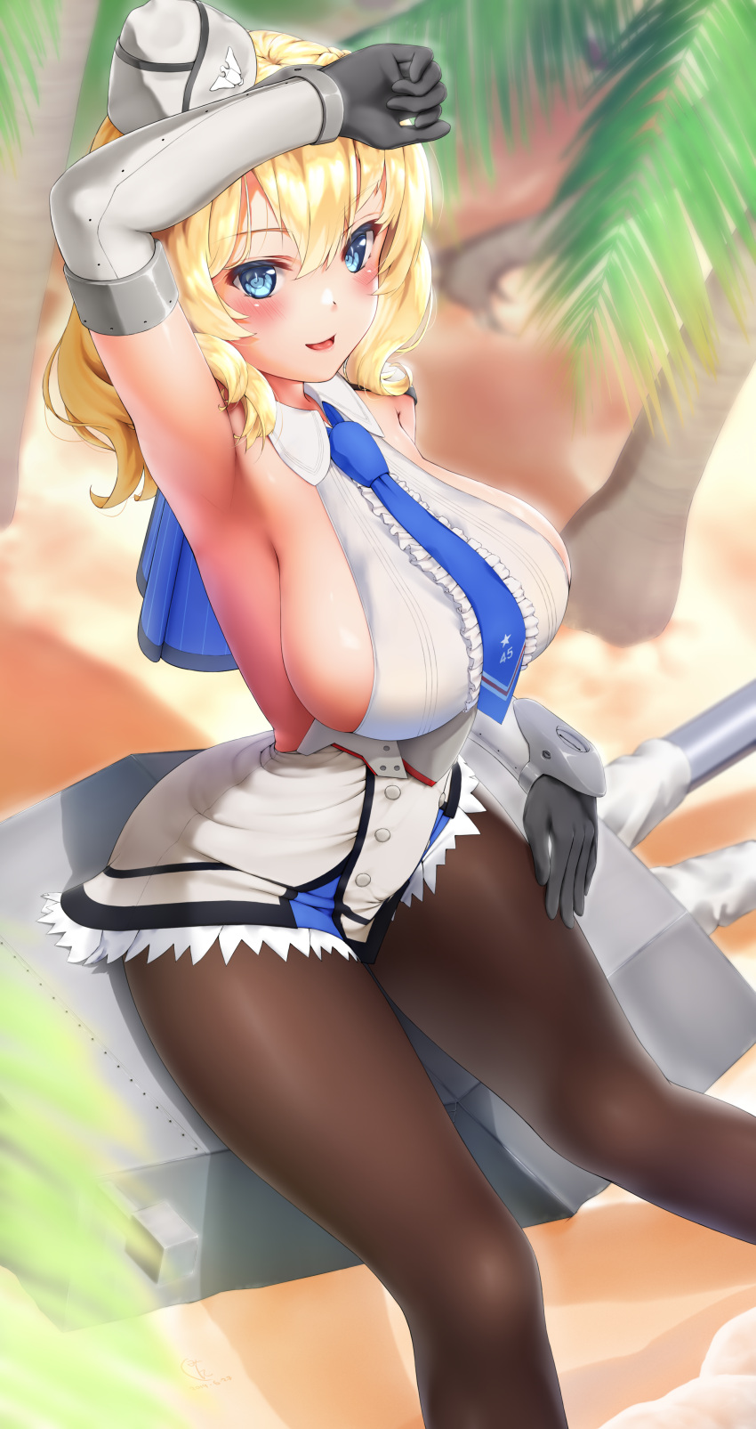 1girl absurdres black_gloves black_legwear blonde_hair blue_eyes blue_neckwear blush breasts capelet colorado_(kantai_collection) dress elbow_gloves garrison_cap gloves grey_dress hat highres jiangjin_nanyun_zhi_(kumita) kantai_collection large_breasts necktie open_mouth palm_tree pantyhose pleated_dress shirt short_hair sideboob sitting sleeveless solo sweat tree turret white_shirt