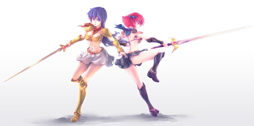 2girls armor armored_boots asou_yuuko bikini_armor black_footwear black_skirt blue_eyes boots breasts floating_hair full_body groin headpiece highres holding holding_sword holding_weapon kirishima_reiko knee_boots long_hair looking_at_viewer looking_back midriff miniskirt mugen_senshi_valis multiple_girls navel panties pantyshot pantyshot_(standing) purple_hair red_eyes redhead short_hair shoulder_armor sideboob simple_background skirt standing standing_on_one_leg stomach sword tamago_tomato underwear valis very_long_hair weapon white_background white_panties white_skirt yellow_footwear