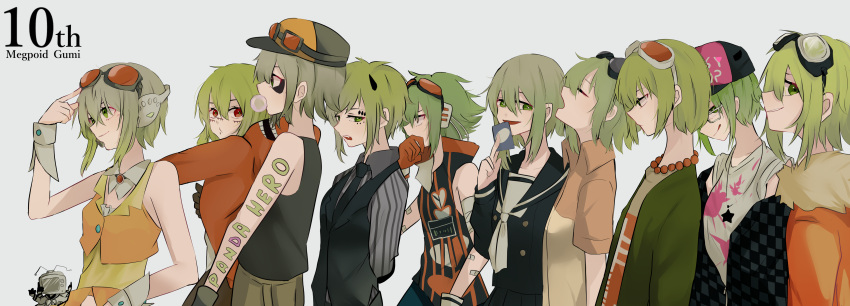 6+girls absurdres amulet anniversary arm_tattoo bare_shoulders chewing_gum commentary from_side gloves goggles goggles_on_head gomiyama green_hair gumi hat headphones high_collar highres hood hoodie jewelry looking_at_viewer matryoshka_(vocaloid) multiple_girls multiple_persona necklace orange_shirt orange_skirt panda_hero_(vocaloid) red_gloves shirt short_hair_with_long_locks sidelocks skirt smile song_request songover striped striped_shirt tattoo vest vocaloid wrist_cuffs