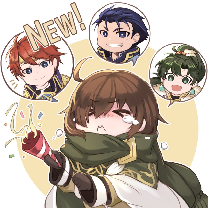 1girl 3boys ahoge bangs blue_eyes blue_hair brown_hair closed_eyes closed_mouth commentary_request confetti earrings eliwood_(fire_emblem) eyebrows_visible_through_hair fire_emblem fire_emblem:_the_blazing_blade fire_emblem_heroes gloves green_hair hair_ornament hector_(fire_emblem) highres holding jewelry long_hair long_sleeves lyn_(fire_emblem) mark_(fire_emblem:_the_blazing_blade) multiple_boys nakabayashi_zun open_mouth parted_lips party_popper ponytail redhead scarf shiny shiny_hair short_hair simple_background tears tiara