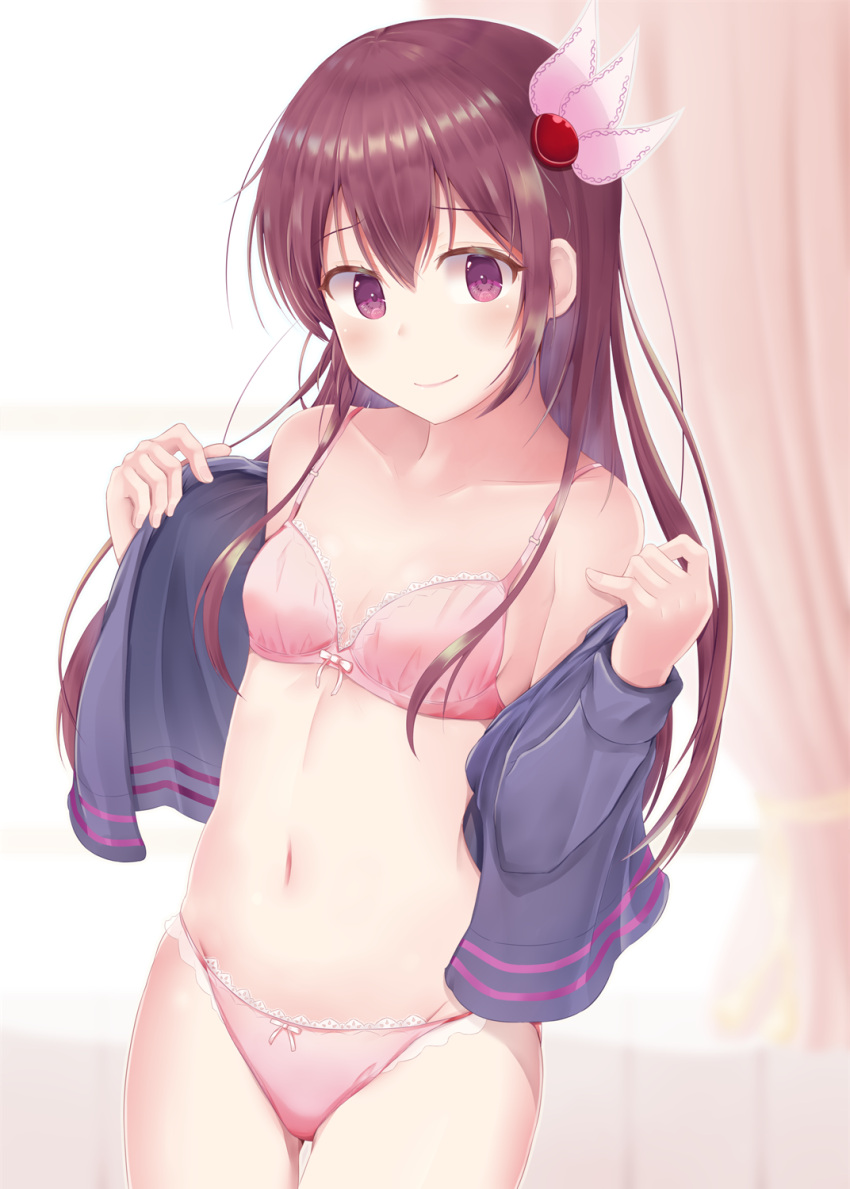 1girl ass_visible_through_thighs bangs bare_shoulders blush bow bow_bra bow_panties bra breasts brown_hair closed_mouth collarbone commentary_request curtains eyebrows_visible_through_hair frills hair_between_eyes hair_ornament highres holding indoors jacket kantai_collection kisaragi_(kantai_collection) lace lace-trimmed_bra lace-trimmed_panties long_hair looking_at_viewer minakami_mimimi navel panties pink_bra pink_panties remodel_(kantai_collection) school_uniform small_breasts smile solo standing underwear undressing violet_eyes