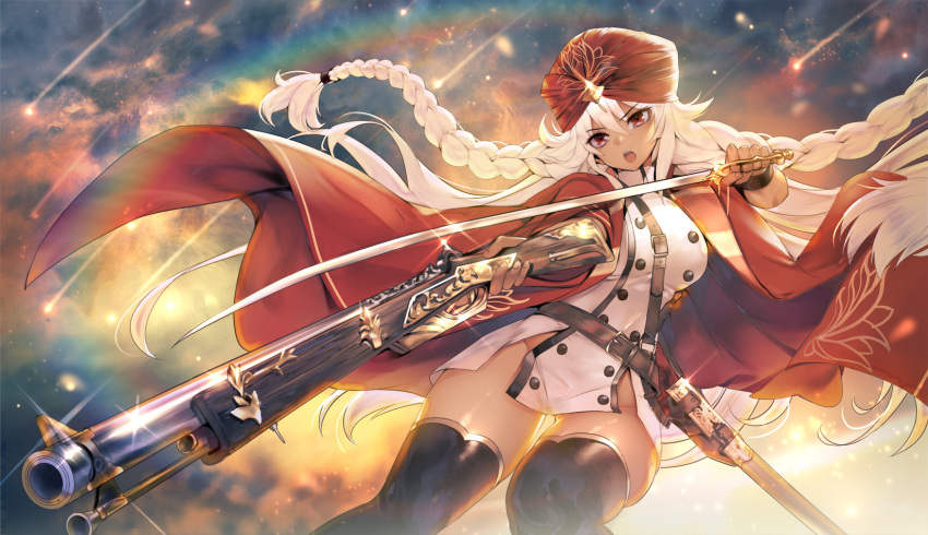 1girl bare_shoulders belt braid breasts commentary dark_skin eyebrows_visible_through_hair fate/grand_order fate_(series) gloves gun hair_between_eyes highres holding holding_gun holding_sword holding_weapon lakshmibai_(fate/grand_order) long_hair looking_at_viewer multicolored multicolored_background red_eyes sheath solo sword teddy_(khanshin) thigh-highs turban twin_braids very_long_hair weapon white_hair