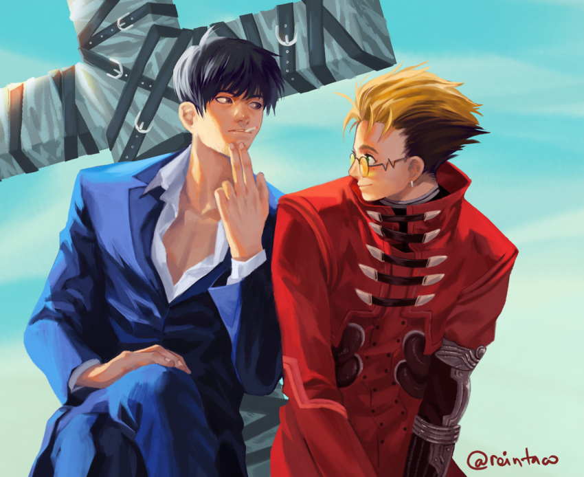 belt black_hair blonde_hair blue_pants blue_sky blue_suit blush brown_eyes brown_hair cigarette cross crossed_legs earrings eye_contact fingers_to_chin formal glasses jewelry long_coat long_sleeves looking_at_another male_focus multicolored_hair multiple_boys nicholas_d_wolfwood pants reintaco sitting sky spiky_hair suit sunglasses trigun twitter_username two-tone_hair vash_the_stampede