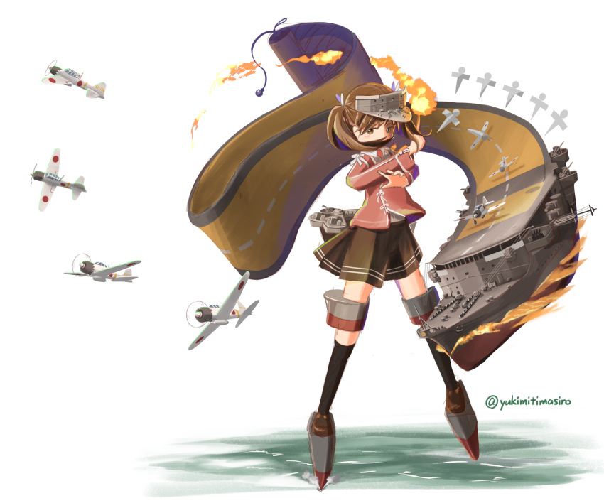 1girl aircraft airplane brown_eyes brown_hair brown_skirt full_body highres japanese_clothes kantai_collection kariginu long_sleeves magatama onmyouji pleated_skirt rigging ryuujou_(kantai_collection) scroll shikigami shiro_yukimichi skirt solo standing twintails visor_cap