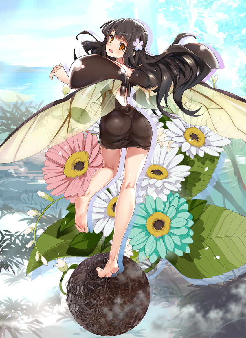 1girl arm_up ass backless_dress backless_outfit barefoot black_dress black_hair brown_eyes dress dung_beetle fairy feet flower from_behind full_body hair_flower hair_ornament highres insect_wings kneepits leg_up legs long_hair looking_back nyoro_(nyoronyoro000) open_mouth original personification plant short_dress smile soles solo toes wings