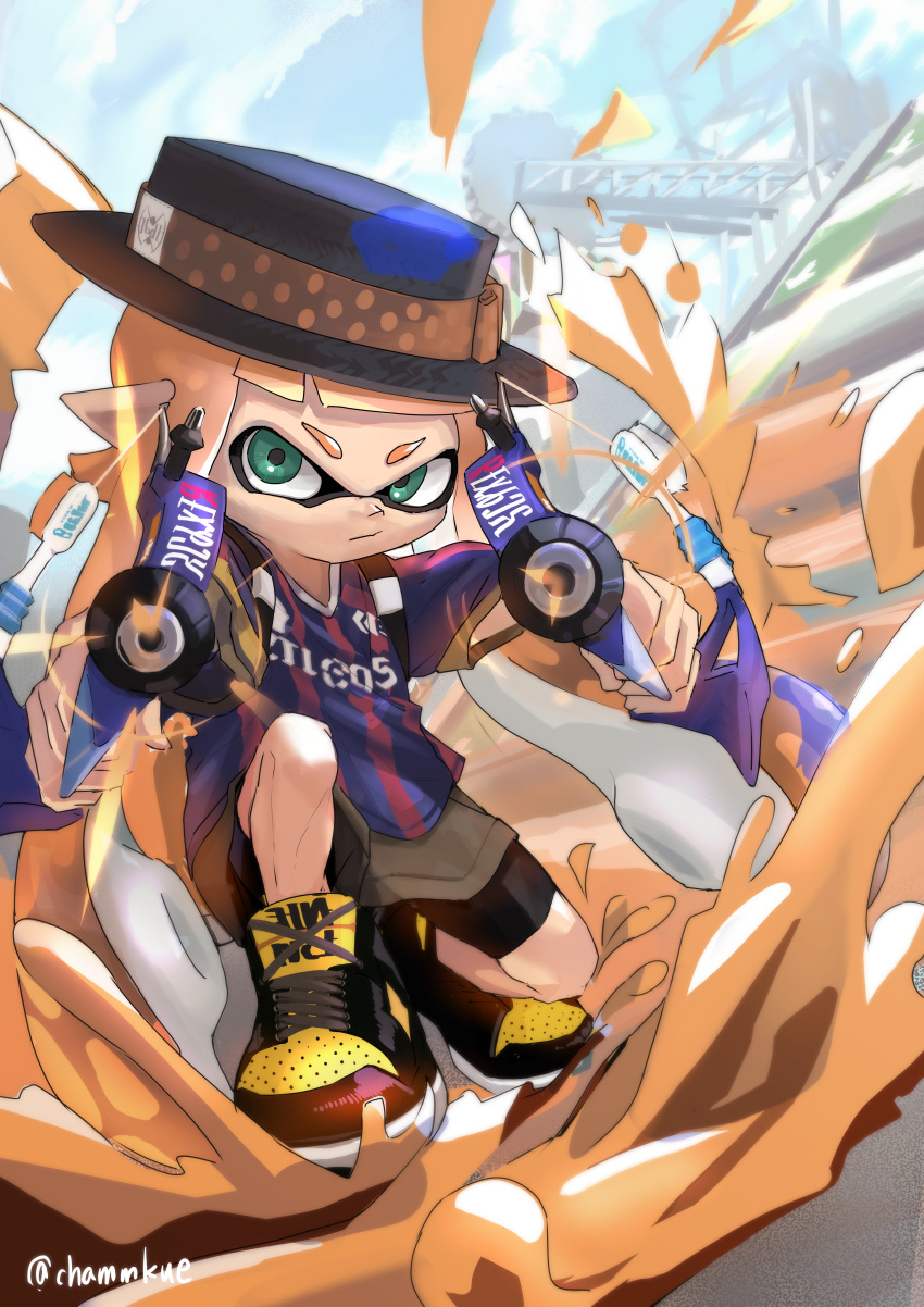 absurdres bangs bike_shorts black_headwear black_shorts blue_shirt blue_sky blunt_bangs boater_hat brown_skirt chamu_(chammkue) closed_mouth clouds cloudy_sky commentary cross-laced_footwear dapple_dualies_(splatoon) day domino_mask dutch_angle firing firing_at_viewer frown green_eyes hat hat_ribbon highres holding holding_weapon inkling inkling_(language) logo long_hair looking_at_viewer mask miniskirt multicolored multicolored_stripes one_knee orange_hair outdoors paint_splatter pointy_ears red_shirt ribbon shirt shoes short_sleeves shorts skirt sky splatoon_(series) striped striped_shirt tentacle_hair twitter_username v-shaped_eyebrows vertical-striped_shirt vertical_stripes weapon yellow_footwear
