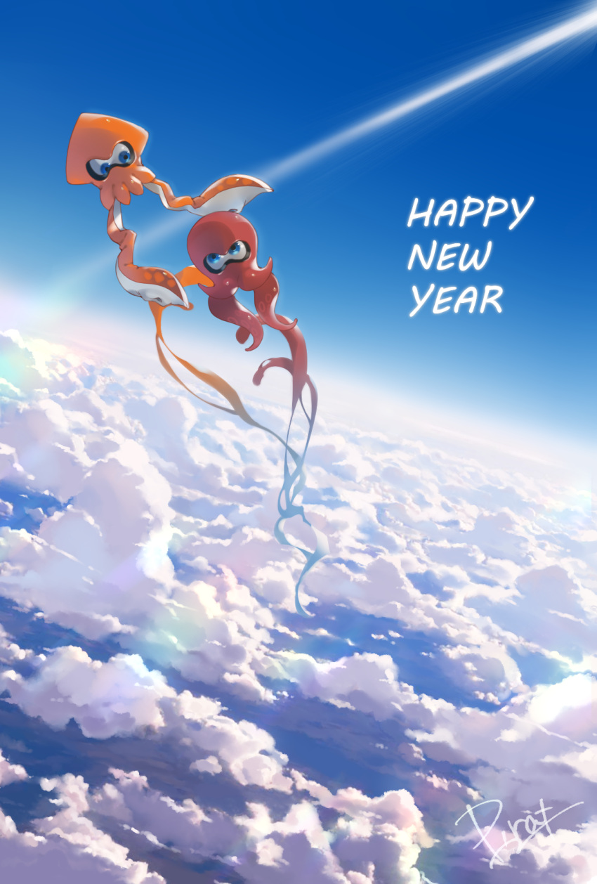 2others artist_name blue_sky clouds cloudy_sky day english_text flying happy_new_year highres horizon inkling multiple_others new_year nintendo nintendo_ead no_humans octoling octopus outdoors paint_splatter prat_rat signature sky splatoon_(series) splatoon_2 squid super_smash_bros.