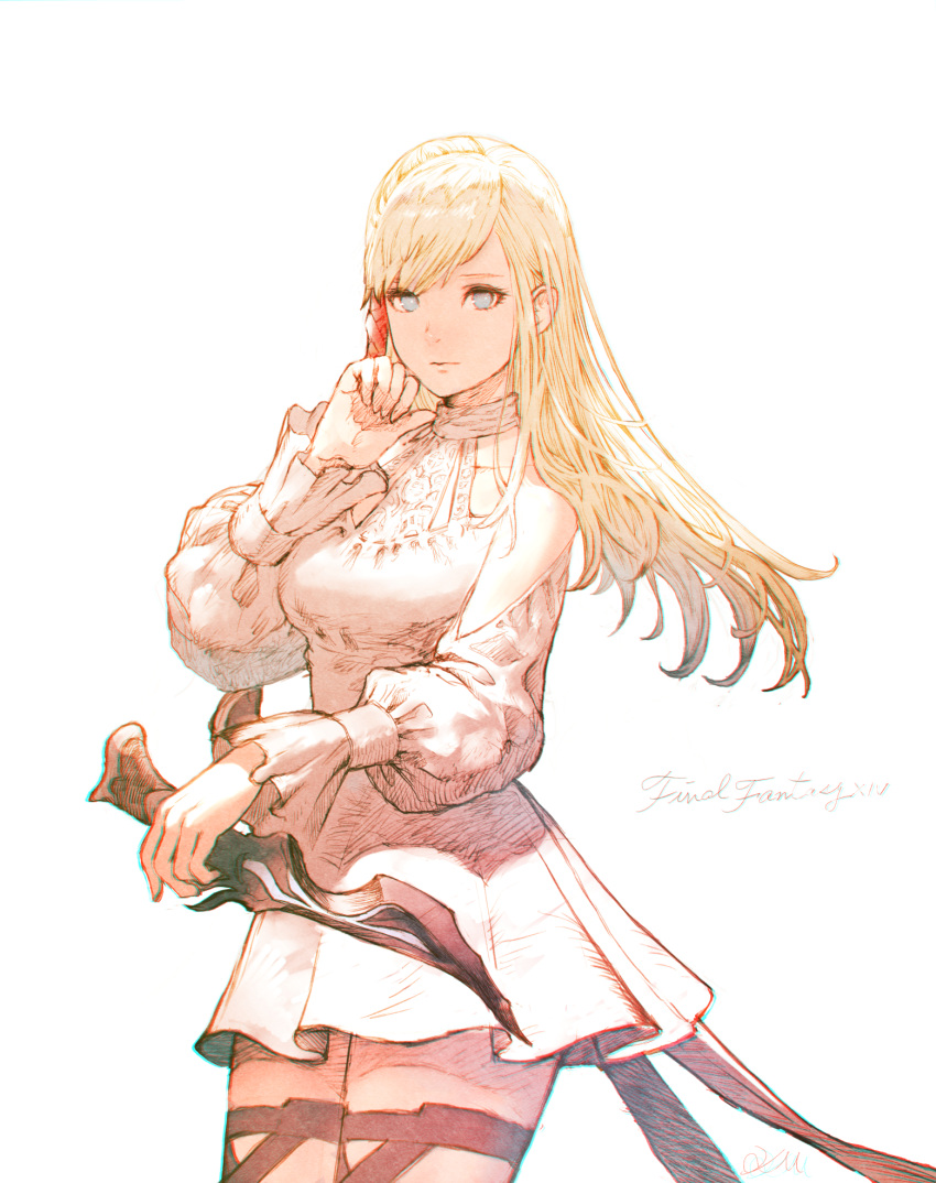 1girl bangs blonde_hair blue_eyes breasts chromatic_aberration closed_mouth copyright_name cowboy_shot dagger dress final_fantasy final_fantasy_xiv hand_up highres holding holding_dagger holding_weapon kuroimori legs_together long_hair long_sleeves looking_at_viewer medium_breasts minfilia_warde no_pupils puffy_long_sleeves puffy_sleeves short_dress simple_background solo straight_hair weapon white_background white_dress