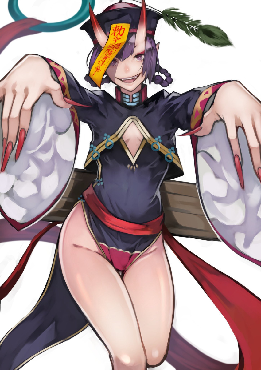 1girl 55level :d braid breasts eyeliner fangs fate/grand_order fate_(series) fingernails groin hat highres horns jiangshi long_hair looking_at_viewer makeup oni open_mouth outstretched_arms pointy_ears purple_hair sharp_fingernails shuten_douji_(fate/grand_order) simple_background smile solo talisman teeth very_long_fingernails violet_eyes white_background