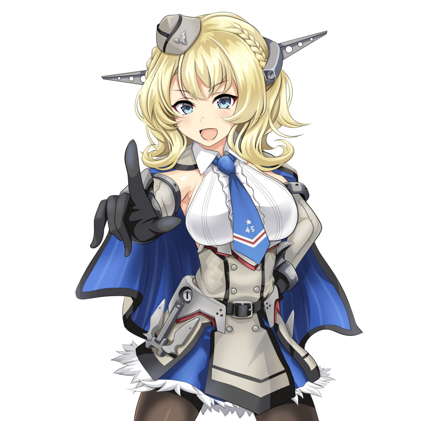 1girl black_gloves black_legwear blonde_hair blue_eyes blue_neckwear breasts capelet colorado_(kantai_collection) commentary_request cowboy_shot dress elbow_gloves garrison_cap gloves grey_dress grey_headwear hat headgear highres kantai_collection large_breasts necktie open_mouth pantyhose pleated_dress shirt short_hair sideboob simple_background sleeveless sleeveless_shirt solo tk8d32 white_background white_shirt