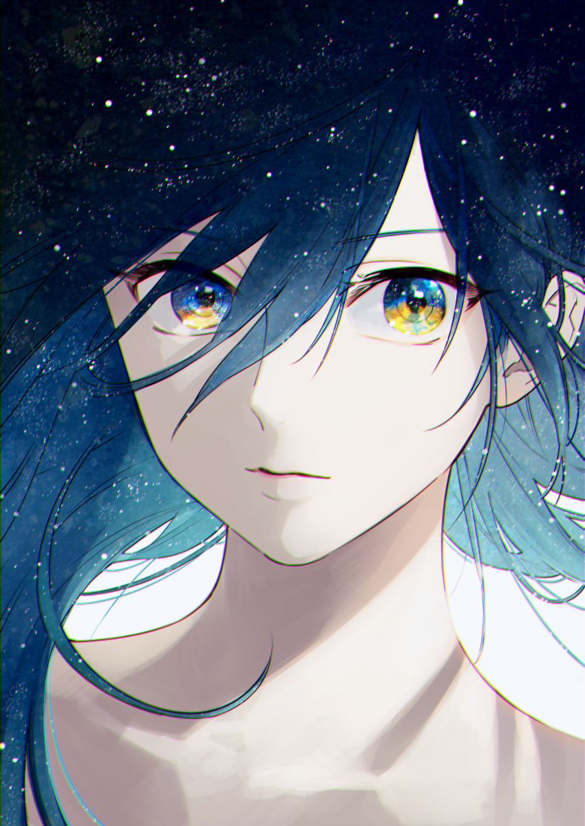 1boy androgynous bangs bishounen blue_hair chromatic_aberration close-up closed_mouth collarbone eyebrows_visible_through_hair hair_between_eyes highres kazari_tayu long_hair looking_at_viewer multicolored multicolored_eyes night night_sky original portrait simple_background sky solo star_(sky) starry_sky white_background