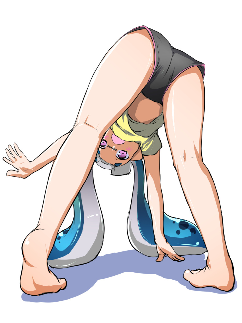 1girl ass bangs barefoot bent_over bike_shorts black_shorts blue_hair blunt_bangs gym_shorts heel_up highres inkling kneepits legs light_blush long_hair looking_at_viewer looking_through_legs open_mouth pointy_ears shadow shirt short_shorts shorts simple_background solo splatoon_(series) standing tentacle_hair toraneko555 violet_eyes white_background yellow_shirt