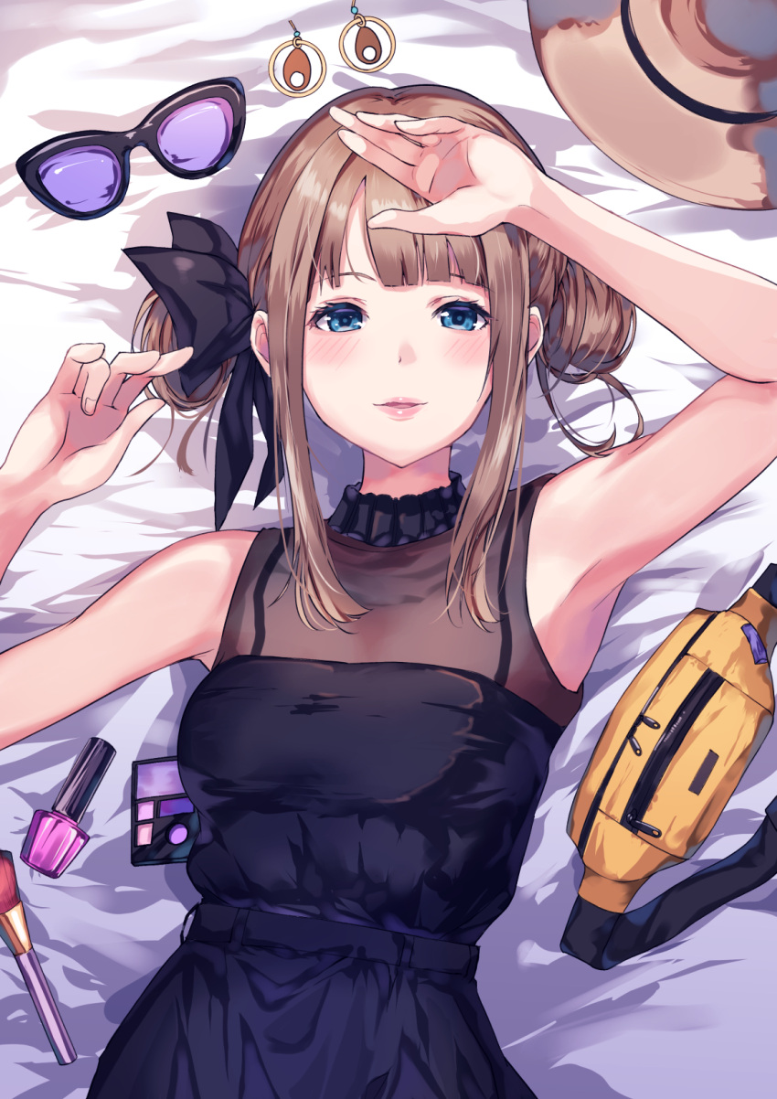 1girl arm_up armpits bag bare_arms bare_shoulders bed_sheet black-framed_eyewear black_bow black_dress blue_eyes bow breasts brown_hair brown_headwear commentary double_bun dress earrings eyewear_removed hair_bow hand_up hat hat_removed headwear_removed highres jewelry long_hair looking_at_viewer lying on_back original parted_lips sidelocks sleeveless sleeveless_dress small_breasts solo sone_(takahiro-osone) sunglasses upper_body