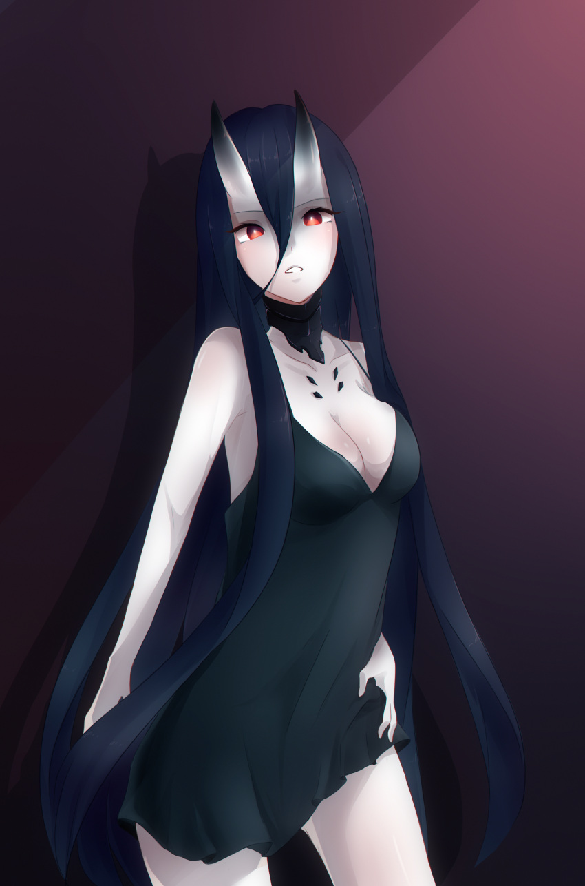 absurdres akanyanyanyan battleship_hime black_dress black_hair breasts dress glowing glowing_eyes highres horns huge_filesize kantai_collection long_hair looking_at_viewer oni oni_horns pale_skin parted_lips red_eyes solo very_long_hair