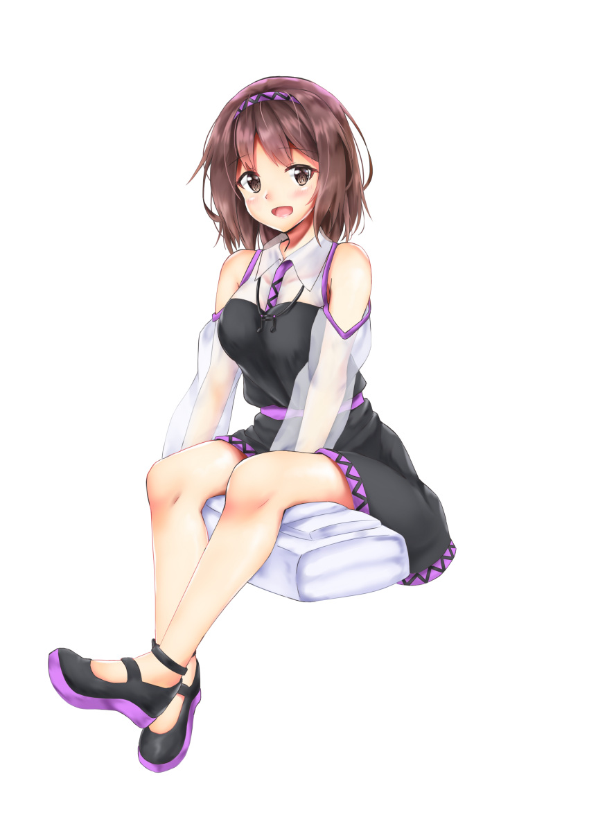 1girl :d absurdres adapted_costume akiteru_(akiteru98) bangs bare_shoulders black_dress black_footwear blush breasts brown_eyes brown_hair commentary_request dress eyebrows_visible_through_hair full_body hair_between_eyes hairband highres large_breasts long_sleeves looking_at_viewer open_mouth purple_hairband purple_sash sash see-through_sleeves shirt shoes short_dress short_hair shoulder_cutout simple_background sitting smile solo touhou tsukumo_yatsuhashi white_background white_shirt