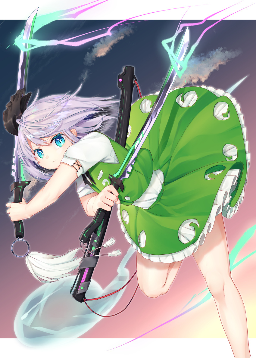 1girl absurdres alternate_weapon arm_across_chest arms_up blue_background blue_eyes commentary_request dual_wielding energy energy_sword expressionless feet_out_of_frame folded_leg furrowed_eyebrows gradient gradient_background green_skirt green_vest gunjou_row hair_ribbon highres holding konpaku_youmu konpaku_youmu_(ghost) lavender_hair leaning_forward looking_at_viewer pink_background ribbon serious shirt short_hair short_sleeves skirt solo sword touhou vest weapon white_shirt