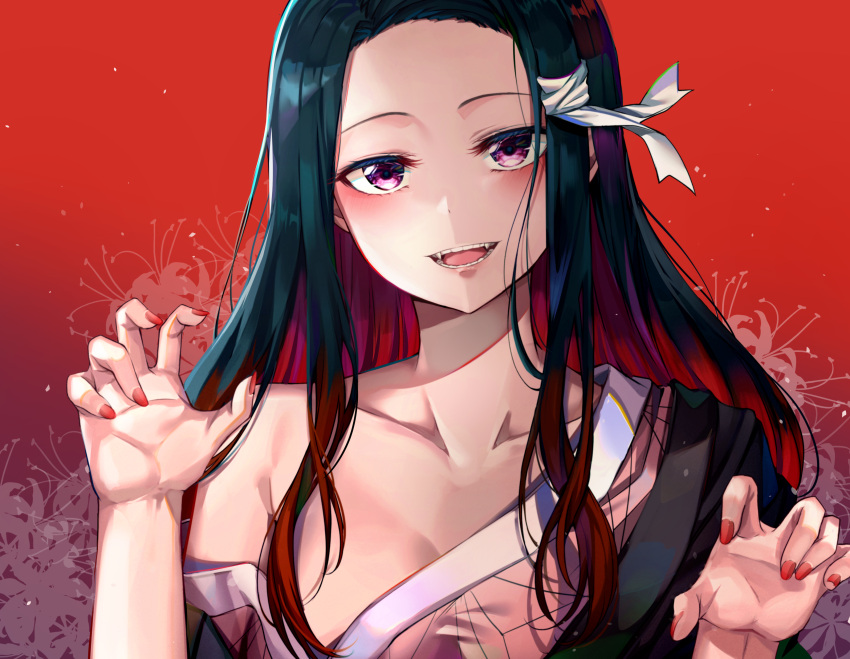 1girl :d absurdres bare_shoulders black_hair black_kimono breasts claw_pose collarbone commentary fangs forehead hair_ribbon hands_up highres japanese_clothes kamado_nezuko kimetsu_no_yaiba kimono long_hair looking_at_viewer multicolored_hair off_shoulder open_mouth red_background red_nails redhead ribbon sidelocks small_breasts smile solo sunhyun two-tone_hair upper_body violet_eyes