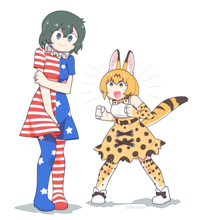 2girls american_flag american_flag_dress american_flag_legwear animal_ears artist_name bangs bare_shoulders blonde_hair blouse blue_eyes bow bowtie cat_ears clenched_hands clownpiece clownpiece_(cosplay) commentary commission cosplay covering covering_crotch dress elbow_gloves embarrassed english_commentary extra_ears eyebrows_visible_through_hair gloves hair_between_eyes high-waist_skirt highres kaban_(kemono_friends) kemono_friends multiple_girls open_mouth pantyhose serval_(kemono_friends) serval_ears serval_print serval_tail skirt smile sweat tail touhou twitter_username vibrantrida white_background yellow_eyes