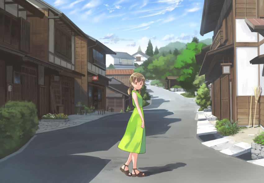 1girl bangs bare_arms bare_shoulders blue_sky broom brown_eyes brown_hair building closed_mouth clouds cloudy_sky day dress eichisu eyebrows_visible_through_hair grass green_dress hair_between_eyes house looking_at_viewer looking_to_the_side low_twintails mountain nature no_socks original outdoors road scenery shoes sign sky sleeveless sleeveless_dress solo standing street town tree twintails