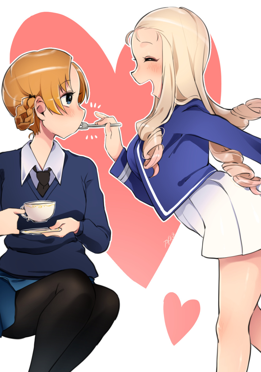 2girls artist_name bangs bc_freedom_military_uniform black_bow black_legwear black_neckwear blonde_hair blue_eyes blue_jacket blue_skirt blue_sweater blue_vest blush bow braid closed_eyes commentary cup dress_shirt drill_hair eyebrows_visible_through_hair feeding fork gareki_(pandanokami) girls_und_panzer hair_bow heart highres holding holding_cup holding_fork holding_saucer invisible_chair jacket long_hair long_sleeves looking_at_another marie_(girls_und_panzer) military military_uniform miniskirt multiple_girls necktie no_emblem notice_lines open_mouth orange_hair orange_pekoe pantyhose parted_bangs pleated_skirt school_uniform shirt short_hair signature sitting skirt smile st._gloriana's_school_uniform sweater teacup tied_hair uniform v-neck vest white_shirt white_skirt wing_collar