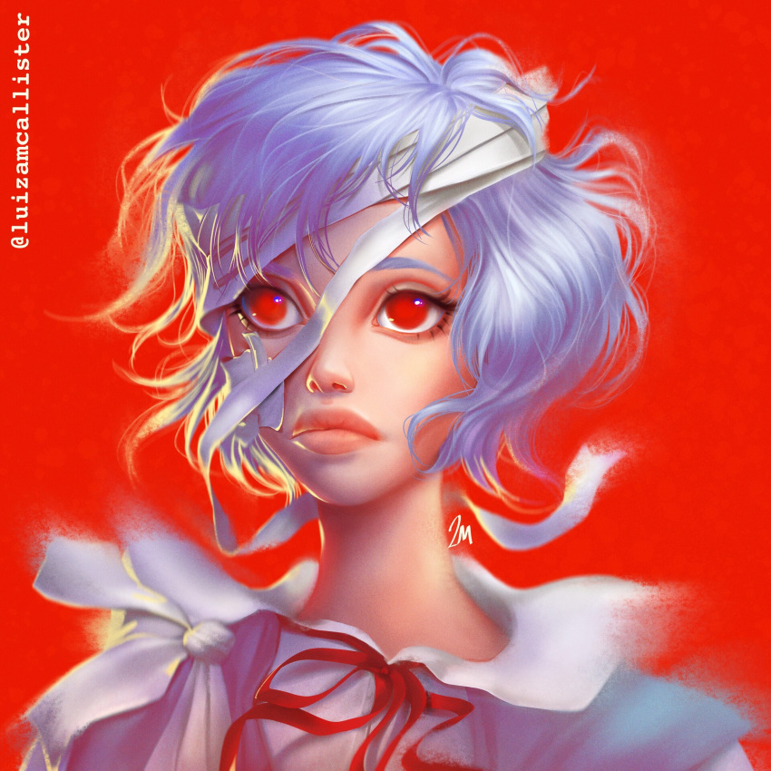 2minds ayanami_rei bandages blue_hair highres neon_genesis_evangelion pouty_lips red_eyes ribbon school_uniform short_hair