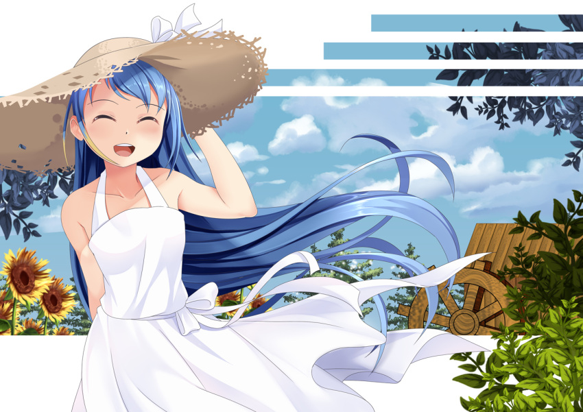 1girl :d ^_^ arm_behind_back bangs bare_arms bare_shoulders blonde_hair blue_hair blue_sky closed_eyes clouds cloudy_sky collarbone commentary day dress facing_viewer flower hand_on_headwear hat hat_ribbon kantai_collection leaf long_hair multicolored_hair open_mouth outdoors plant ribbon samidare_(kantai_collection) sidelocks sky sleeveless sleeveless_dress smile solo straw_hat streaked_hair sun_hat sundress sunflower swept_bangs two-tone_hair upper_teeth very_long_hair watermill white_dress white_ribbon yasume_yukito