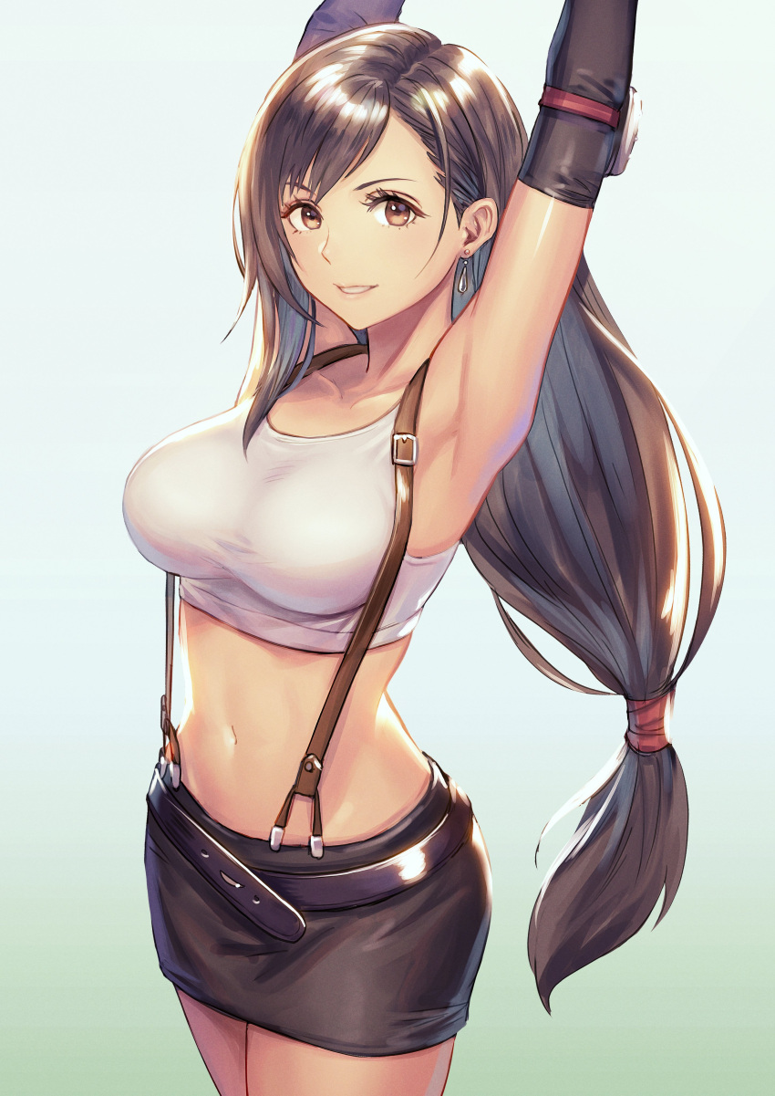 1girl :d absurdres anbe_yoshirou armpits arms_up bare_shoulders belt black_hair black_skirt breasts brown_eyes collarbone commentary_request cowboy_shot crop_top earrings elbow_pads final_fantasy final_fantasy_vii gradient gradient_background highres jewelry large_breasts long_hair looking_at_viewer low-tied_long_hair midriff miniskirt navel open_mouth pencil_skirt shirt skirt sleeveless sleeveless_shirt smile solo standing stomach suspender_skirt suspenders tank_top taut_clothes taut_shirt tifa_lockhart very_long_hair white_shirt