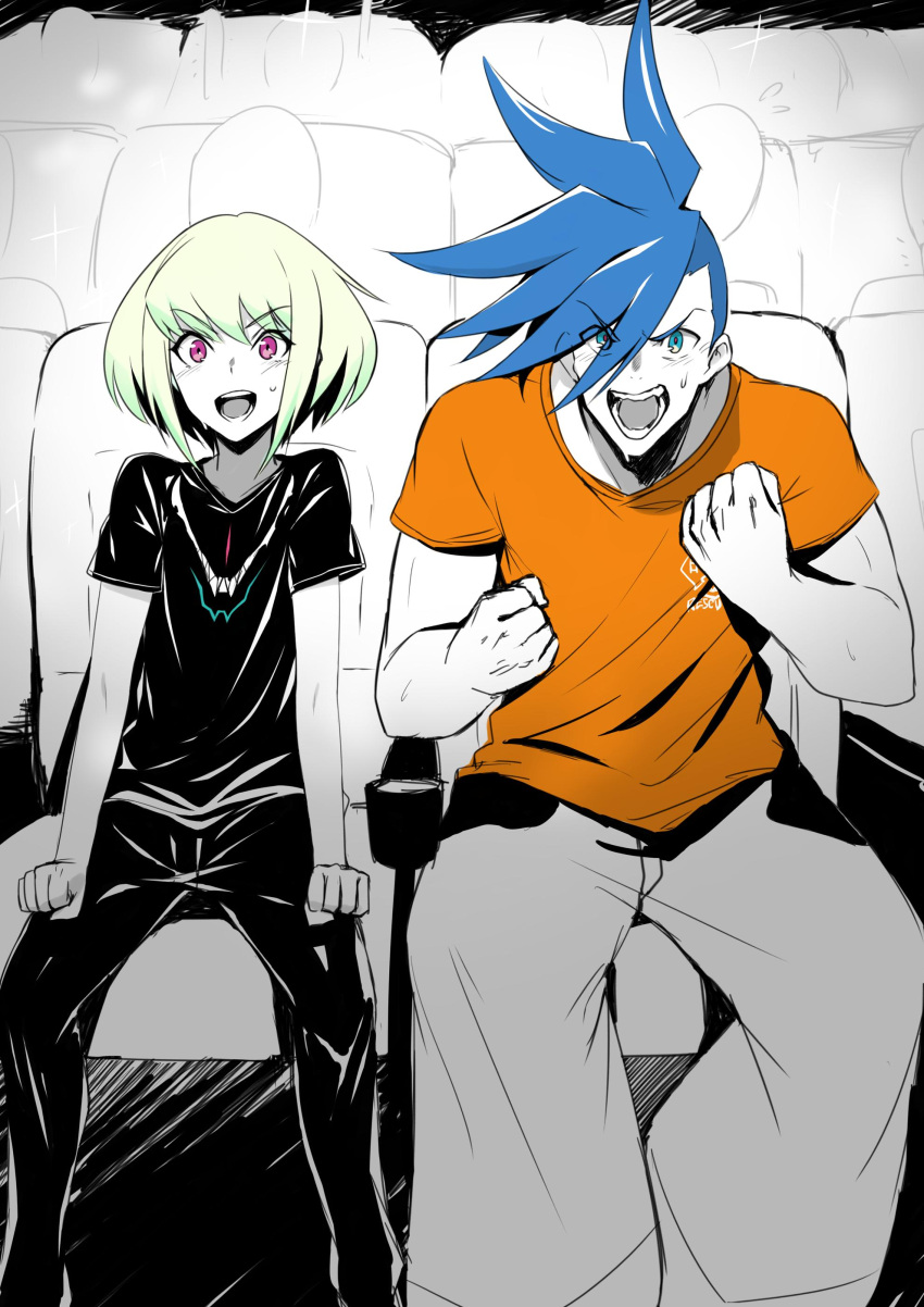 2boys absurdres blonde_hair blue_hair casual clenched_hands galo_thymos highres lio_fotia male_focus movie_theater multiple_boys open_mouth promare purinnssu shirt short_hair smile spiky_hair t-shirt violet_eyes