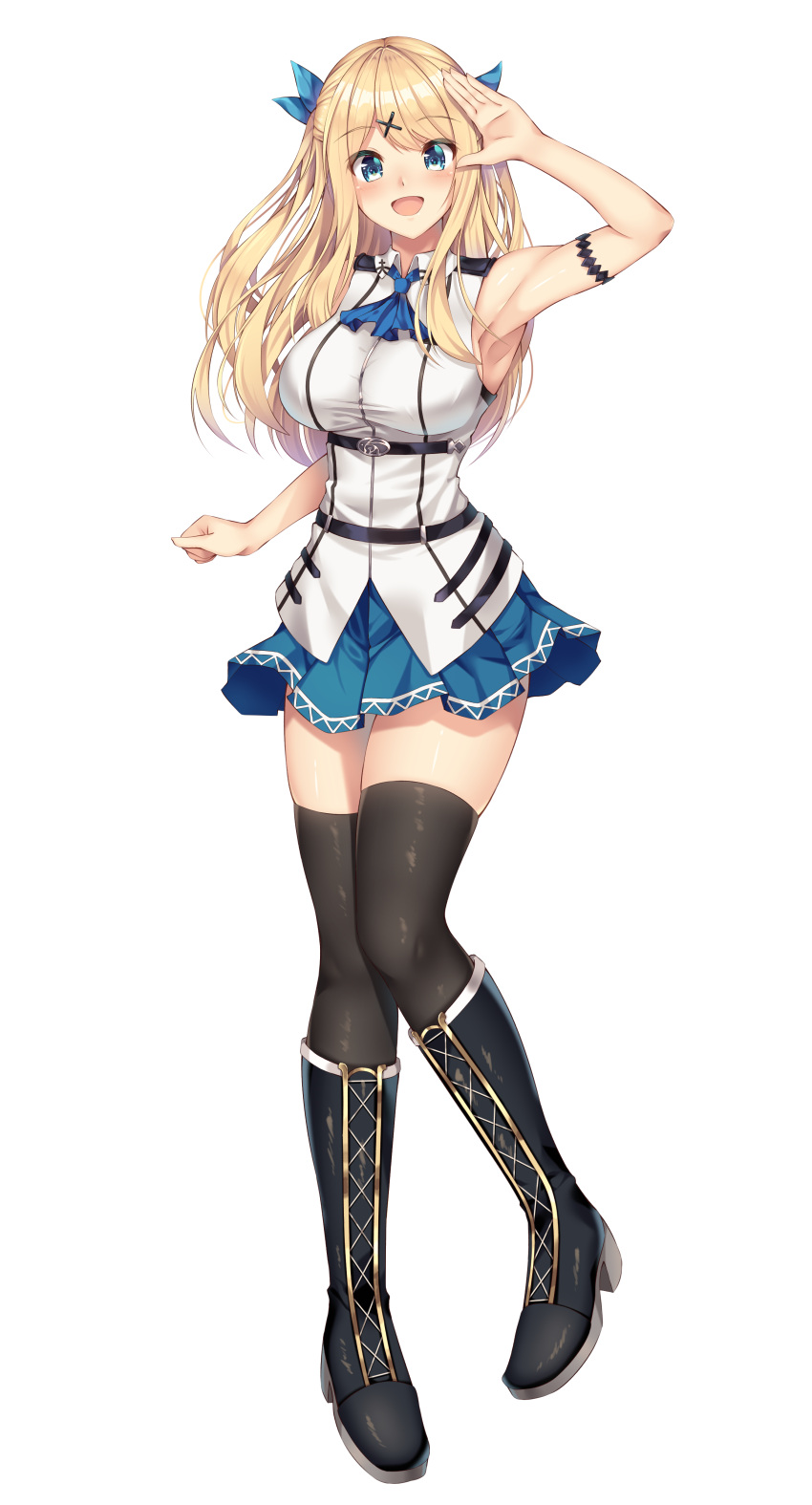 1girl :d absurdres amagi_korona arm_up armpits ascot bare_arms bare_shoulders belt black_footwear black_legwear blonde_hair blue_eyes blue_neckwear blue_skirt blush boots breasts collared_shirt commentary_request full_body hair_ornament hair_ribbon half_updo highres large_breasts long_hair looking_at_viewer miniskirt open_mouth original pleated_skirt ribbon shirt simple_background skirt sleeveless sleeveless_shirt smile solo taut_clothes taut_shirt thigh-highs white_background white_shirt x_hair_ornament zettai_ryouiki