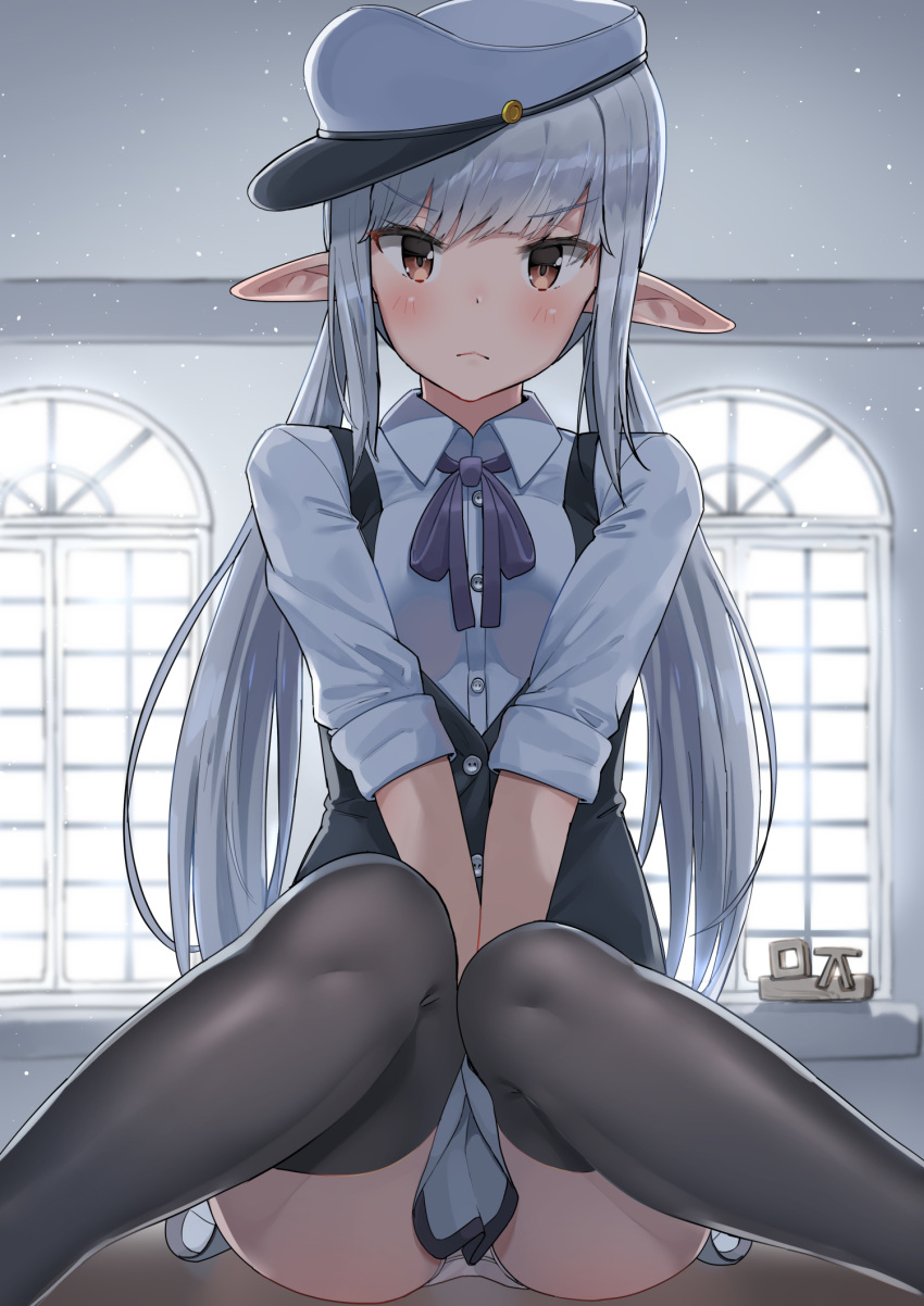 1girl bangs black_legwear brown_eyes buttons closed_mouth collared_shirt commentary_request commission eyebrows_visible_through_hair flat_cap hat highres long_hair looking_at_viewer neck_ribbon original panties pointy_ears ribbon shirt sidelocks silver_hair sitting skirt sleeves_rolled_up solo soushou_nin thigh-highs underwear white_headwear white_panties white_shirt
