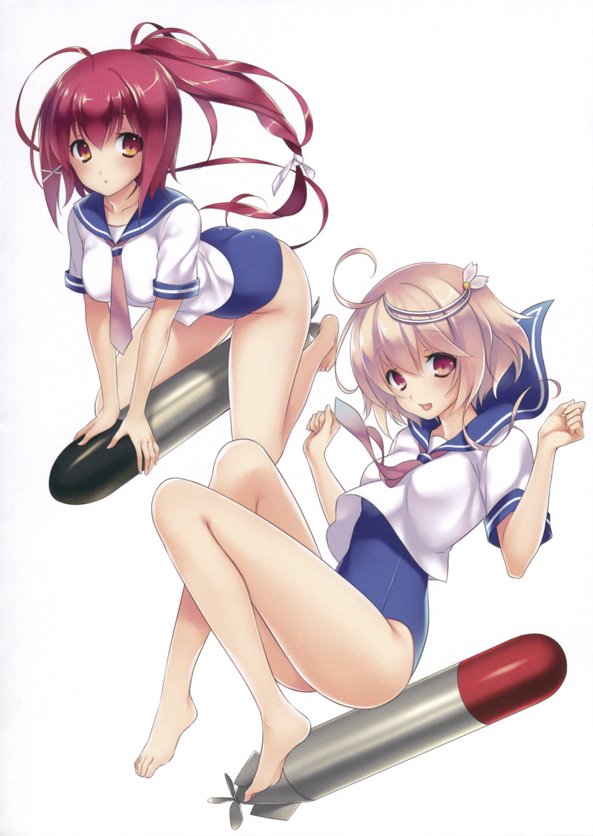 2girls ayase_hazuki bangs barefoot blonde_hair eyebrows_visible_through_hair feet full_body hair_ornament highres i-168_(kantai_collection) i-58_(kantai_collection) kantai_collection long_hair multiple_girls ponytail redhead scan school_swimsuit school_uniform serafuku short_hair simple_background swimsuit swimsuit_under_clothes torpedo white_background