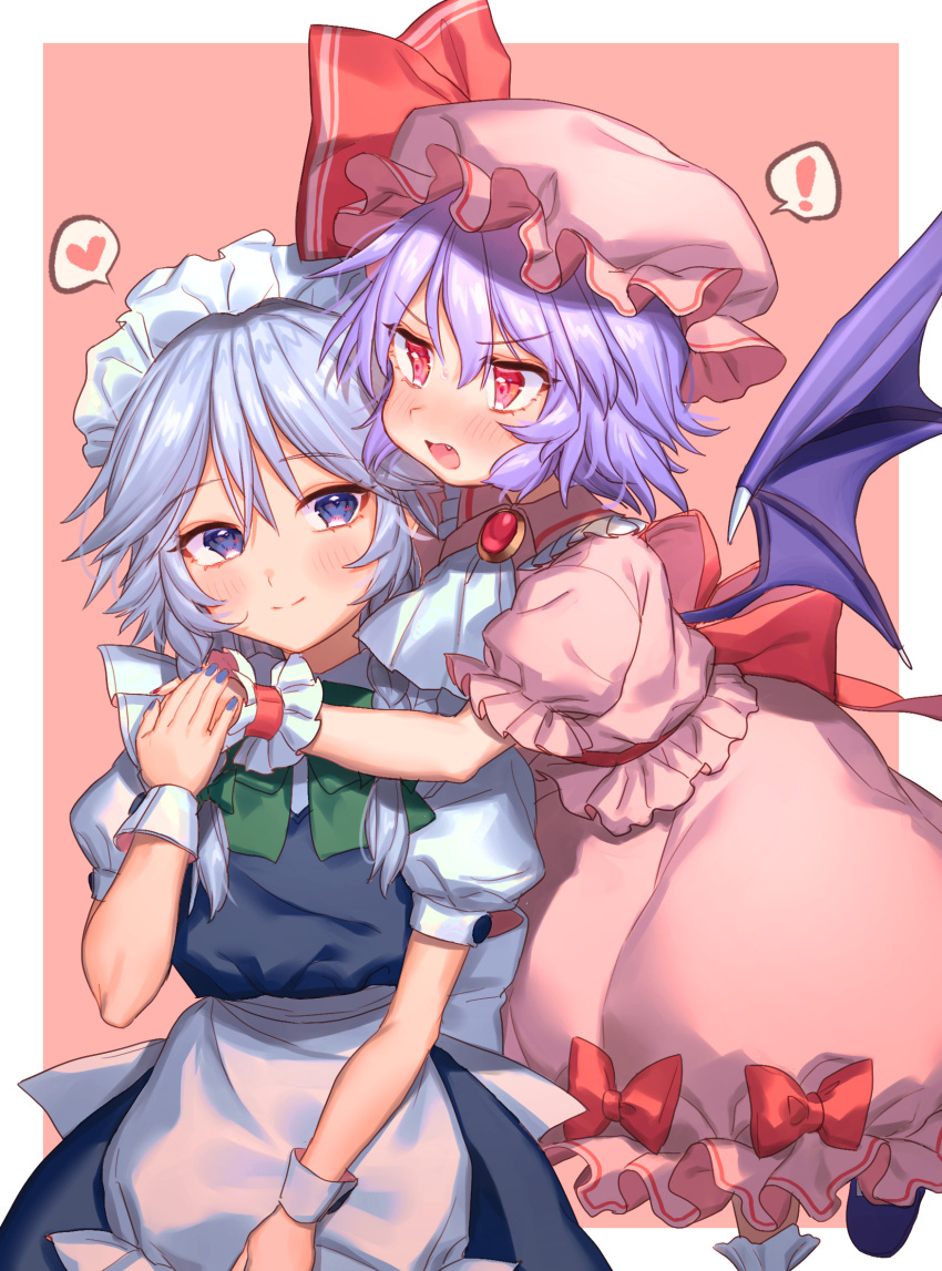 ! 2girls apron bangs bat_wings blue_dress blue_eyes blue_hair blush border bow bowtie braid brooch commentary_request cravat dress eyebrows_visible_through_hair frilled_shirt_collar frills green_bow green_neckwear hair_between_eyes hat hat_ribbon heart highres holding_hands izayoi_sakuya jewelry looking_at_viewer maid maid_headdress masanaga_(tsukasa) mob_cap multiple_girls outside_border pink_background pink_dress pink_headwear puffy_short_sleeves puffy_sleeves red_bow red_eyes red_ribbon remilia_scarlet ribbon shirt short_hair short_sleeves silver_hair simple_background smile spoken_exclamation_mark spoken_heart touhou twin_braids waist_apron white_apron white_border white_neckwear white_shirt wings wrist_cuffs yuri