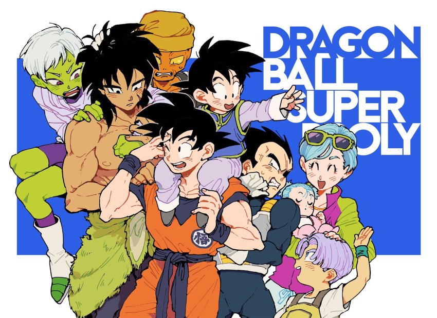 3girls 6+boys ;d ^_^ anger_vein annoyed armor baby black_eyes black_hair blue_eyes blush boots bra_(dragon_ball) broly_(dragon_ball_super) brother_and_sister bulma carrying cheelai closed_eyes clothes_around_waist copyright_name dark_skin dark_skinned_male dougi dragon_ball dragon_ball_super_broly expressionless eyewear_on_head facial_scar father_and_son fingernails green_skin grey_hair gutstemple hand_on_another's_head hand_on_another's_shoulder hand_to_forehead hand_up happy hat highres holding holding_baby jacket lemo_(dragon_ball) looking_at_another mother_and_daughter mother_and_son multiple_boys multiple_girls nipples one_eye_closed open_mouth orange_skin outstretched_arm overalls purple_hair purple_legwear scar scar_on_cheek shirt shirtless short_hair shoulder_carry siblings simple_background sleeping smile son_goku son_goten spiky_hair sunglasses sweatdrop teeth trunks_(dragon_ball) twintails two-tone_jacket v-shaped_eyebrows vegeta very_short_hair violet_eyes white_footwear white_shirt wristband
