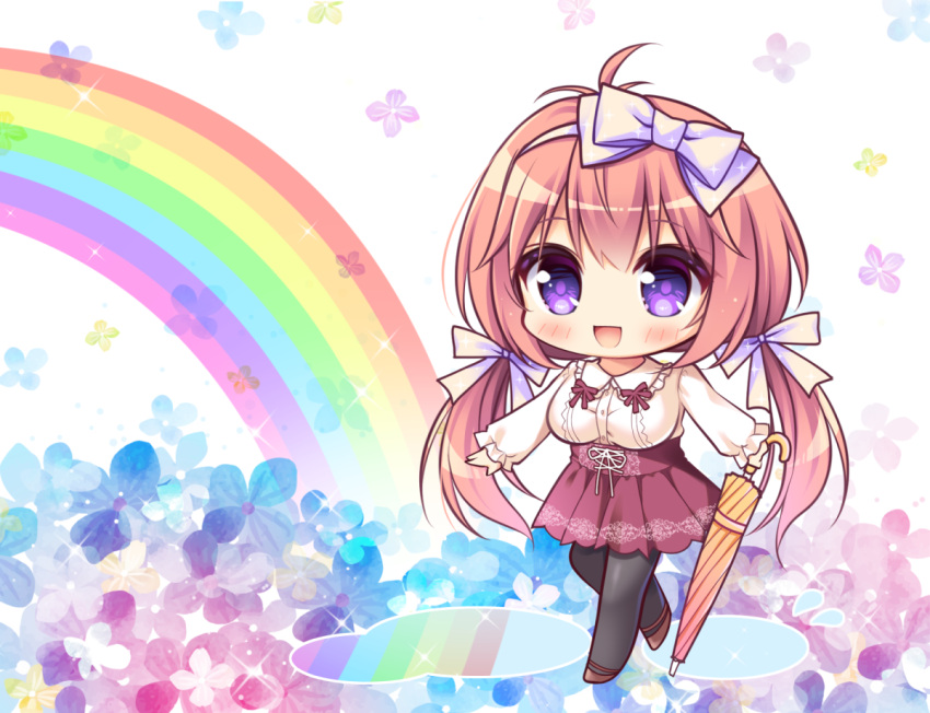 1girl ahoge bangs blush breasts brown_hair chibi commentary_request eyebrows_visible_through_hair hair_between_eyes hair_ribbon holding holding_umbrella long_sleeves looking_at_viewer lump_of_sugar medium_breasts moriya_hiyori open_mouth pantyhose rainbow red_skirt ribbon ryuuka_sane shirt sidelocks skirt smile solo twintails umbrella violet_eyes wakaba_iro_no_quartet white_ribbon white_shirt